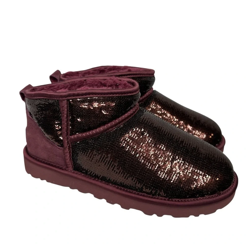 UGG Women's Classic Burgundy Sequin Ultra Mini Mirror Ball Booties. Sz 7